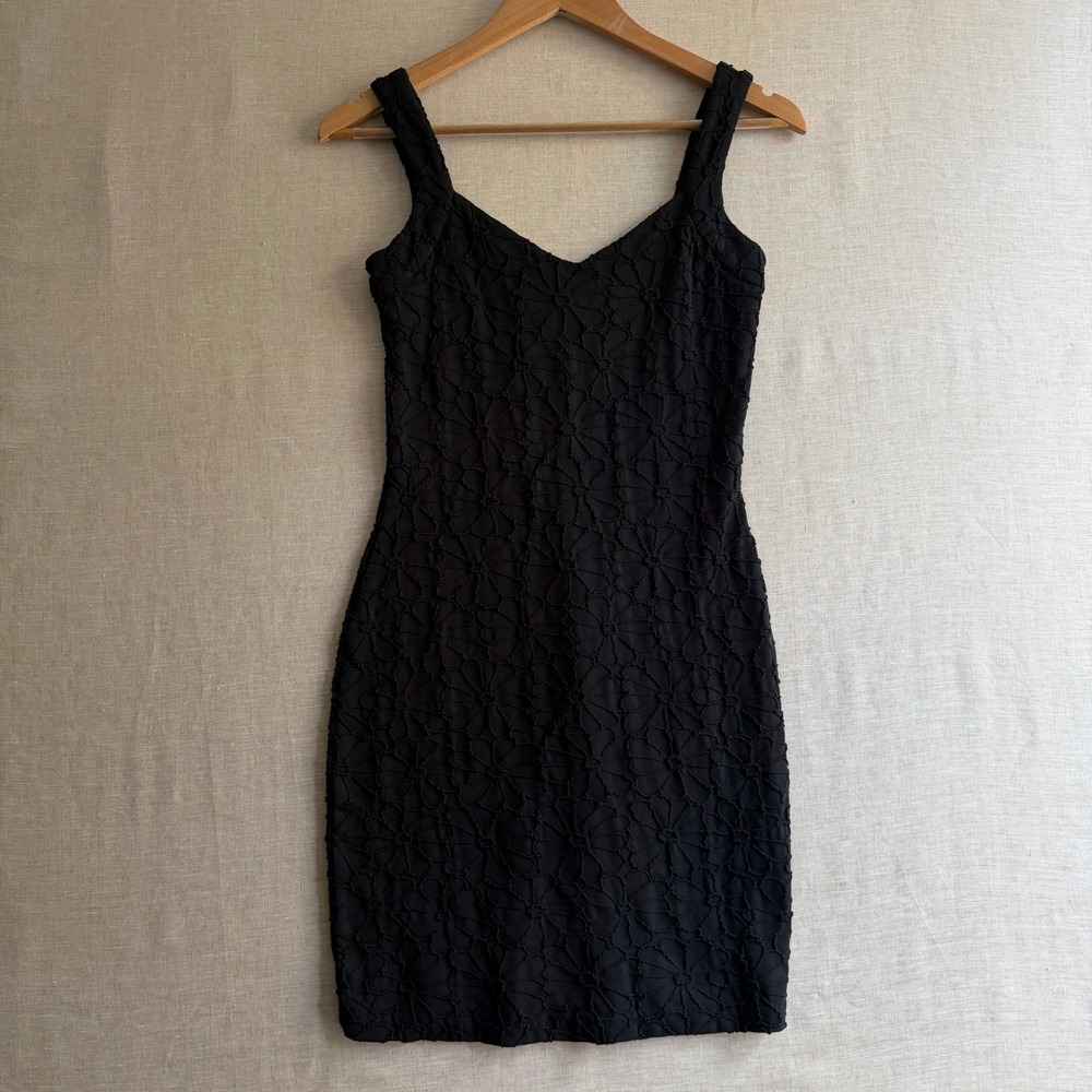 Betsey Johnson Vintage Popcorn Floral Mini Dress Black Nylon Grunge Y2K